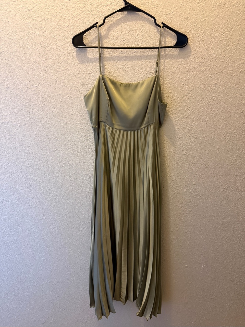 Petal + Pup Olive Green Pleated Satin Midi Dress